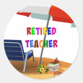 Gepensioneerde leraar, strandtafereel, ronde sticker (Voorkant)
