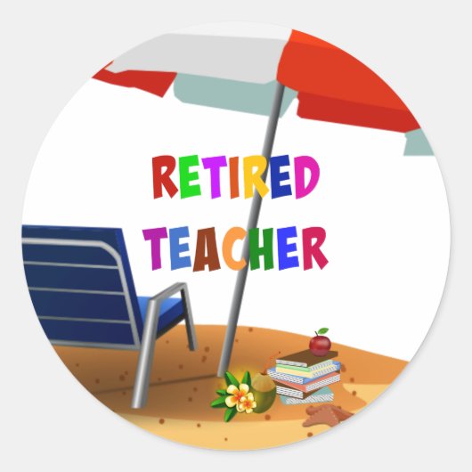 Gepensioneerde leraar, strandtafereel, ronde sticker (Voorkant)