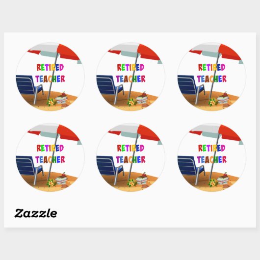 Gepensioneerde leraar, strandtafereel, ronde sticker (Vel)