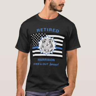 Gepensioneerde politie met blauwe lijn over en uit t-shirt