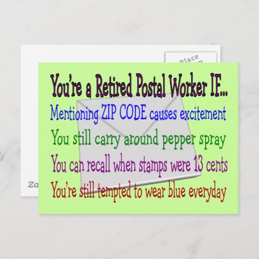 Gepensioneerde postbeambte — Funny T-Shirts en Gif Briefkaart (Voorkant / Achterkant)