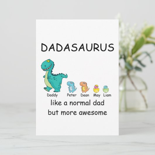Gepersoaniseerde Dadasaurus tot 4 kinder T-Shirt Feestdagenkaart (Staand voorkant)