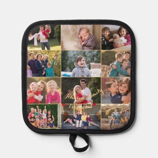 Gepersonaliseerd 12 Familie Fotocollage Goud Monog Pannenlap (Voorkant)