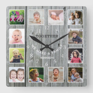Gepersonaliseerd 12 Foto Collage Quote Gray Wood Vierkante Klok