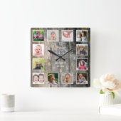 Gepersonaliseerd 12 Foto collage Rustic Sined Wood Vierkante Klok (Huis)