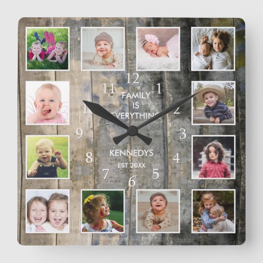 Gepersonaliseerd 12 Foto collage Rustic Sined Wood Vierkante Klok (Voorkant)