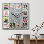 Gepersonaliseerd 12 Fotocollage Familienaam Hout Vierkante Klok<br><div class="desc">Creëer je eigen foto-collage muurklok met 12 van je favoriete afbeeldingen. NOTA: Gelieve te uploaden uw foto's na hen aan een vierkante grootte te bebouwen. Dit zal u helpen vermijden snijdend gezicht in de hoeken. De foto-lijst klok helpt je je speciale momenten te koesteren en maakt ook een doordacht geschenk...</div>