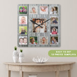 Gepersonaliseerd 13 Foto collage Rustic Gray Wood Vierkante Klok<br><div class="desc">Creëer je eigen foto-collage muurklok met 12 van je favoriete afbeeldingen. NOTA: Gelieve te uploaden uw foto's na hen aan een vierkante grootte te bebouwen. Dit helpt u te voorkomen dat u het gezicht in de hoeken snijdt. De foto-lijst klok helpt je je speciale momenten te koesteren en maakt ook...</div>