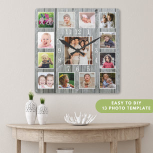 Gepersonaliseerd 13 Foto collage Rustic Gray Wood Vierkante Klok