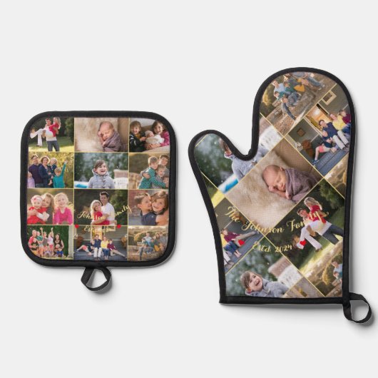 Gepersonaliseerd 17 Familie Fotocollage Goud Monog Ovenwant & Pannenlap Set (Voorkant)
