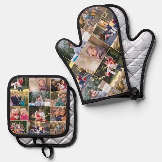 Gepersonaliseerd 17 Familie Fotocollage Goud Monog Ovenwant & Pannenlap Set (Voorkant / Achterkant)