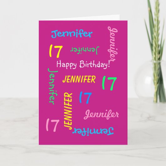 Gepersonaliseerd 17e Birthday Wenskaart, warm roze Kaart (Voorkant)