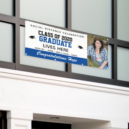 Gepersonaliseerd 2021 blauw Afstuderen banner (Buitenkant Gebouw)