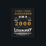 Gepersonaliseerd 21ste verjaardag 2000  zwart canvas afdruk<br><div class="desc">Een gepersonaliseerd klassiek muurdoek voor die speciale verjaardagspersoon geboren in 2000 en draaiend 21. Voeg de naam toe aan dit retro stijl zwart, wit en goud ontwerp voor een aangepast 21e verjaardagscadeau. Bewerk eenvoudig de naam en het jaar met de sjabloon. Een prachtig op maat gemaakt zwart verjaardagscadeau. Meer cadeaus...</div>