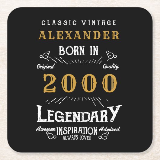 Gepersonaliseerd 21ste verjaardag 2000 zwart kartonnen onderzetters (Voorkant)