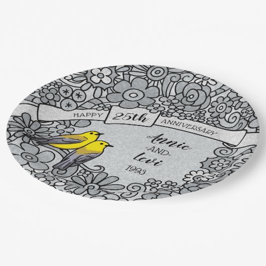 Gepersonaliseerd 25e Jubileum, zilveren bloemen Papieren Bordje (Gekanteld)
