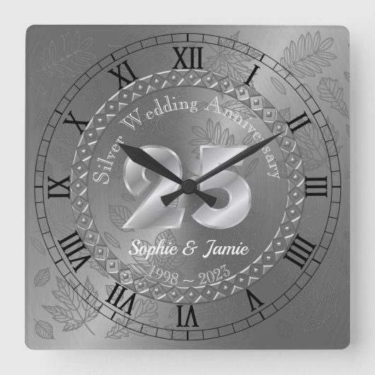 Gepersonaliseerd 25e Silver Jubileum Gift Idea Vierkante Klok (Voorkant)