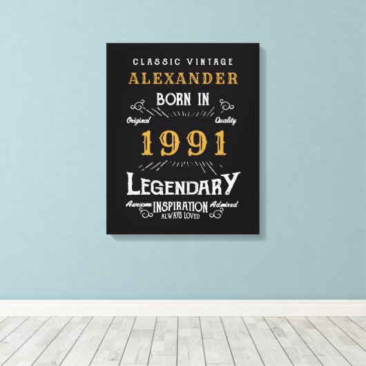 Gepersonaliseerd 30e verjaardag, geboren in 1991   canvas afdruk (Insitu (Houten vloer))