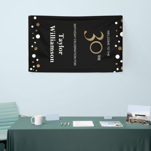 Gepersonaliseerd 30e verjaardag Gold en zwart conf Spandoek (Beurs)