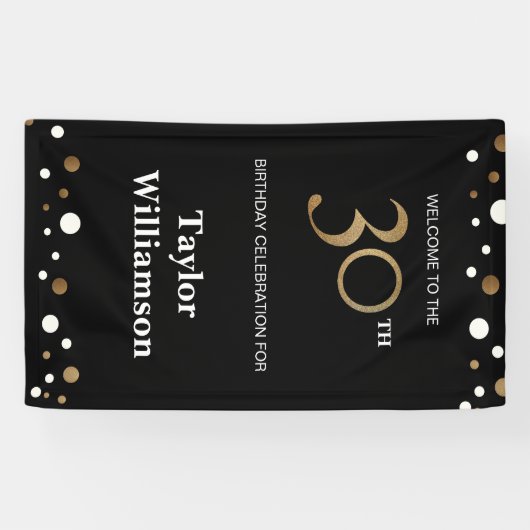 Gepersonaliseerd 30e verjaardag Gold en zwart conf Spandoek (Horizontaal)