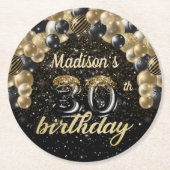 Gepersonaliseerd 30e verjaardag zwart goud ronde kartonnen onderzetter (Voorkant)