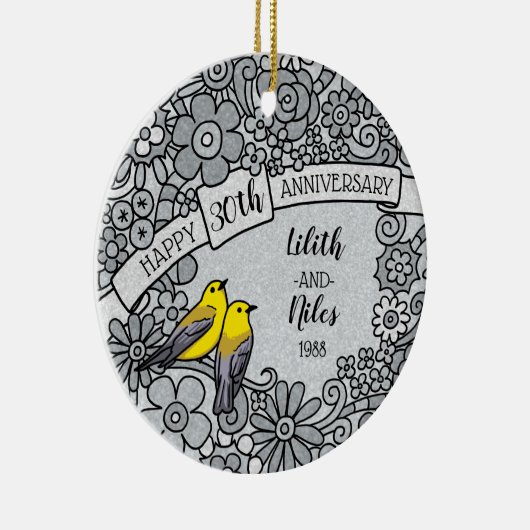 Gepersonaliseerd 30ste Jubileum, BloemenVogels Keramisch Ornament (Rechts)