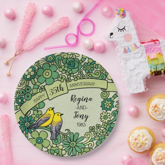 Gepersonaliseerd 35e Jubileum, geJade Floral Birds Papieren Bordje (Feest)