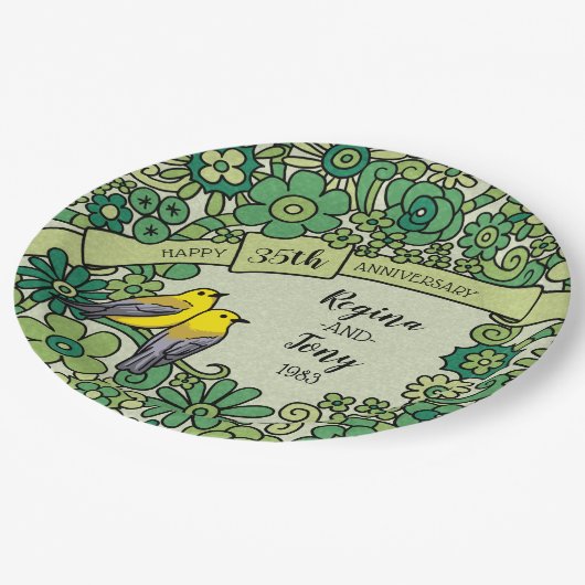 Gepersonaliseerd 35e Jubileum, geJade Floral Birds Papieren Bordje (Gekanteld)