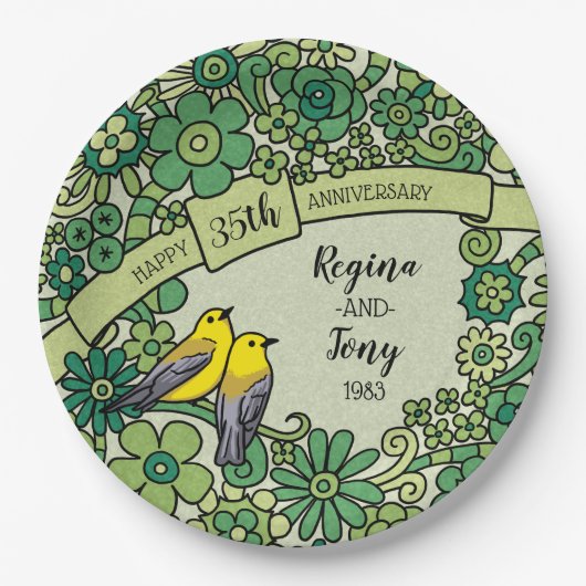Gepersonaliseerd 35e Jubileum, geJade Floral Birds Papieren Bordje (Voorkant)