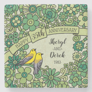 Gepersonaliseerd 35e Jubileum, geJade Floral Birds Stenen Onderzetter