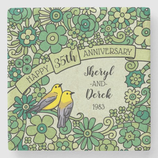 Gepersonaliseerd 35e Jubileum, geJade Floral Birds Stenen Onderzetter (Voorkant)
