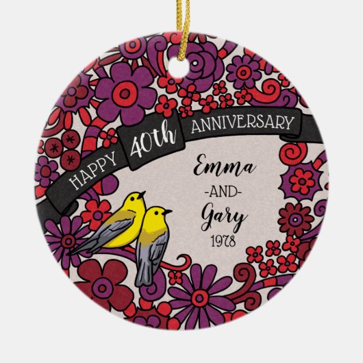 Gepersonaliseerd 40e Jubileum, Ruby Floral Birds Keramisch Ornament (Voorkant)