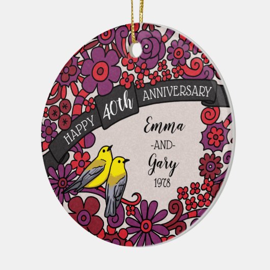 Gepersonaliseerd 40e Jubileum, Ruby Floral Birds Keramisch Ornament (Links)