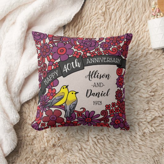 Gepersonaliseerd 40e Jubileum, Ruby Floral Birds Kussen (Deken)