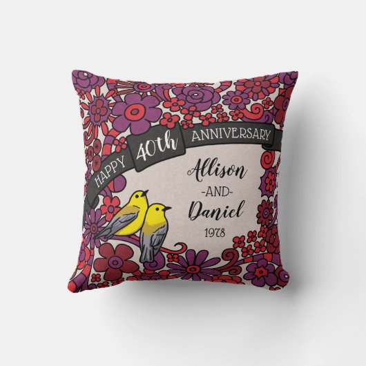 Gepersonaliseerd 40e Jubileum, Ruby Floral Birds Kussen (Achterkant)