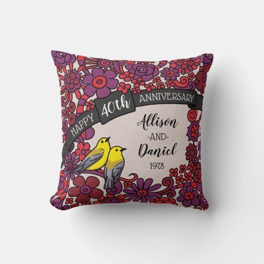 Gepersonaliseerd 40e Jubileum, Ruby Floral Birds Kussen (Voorkant)