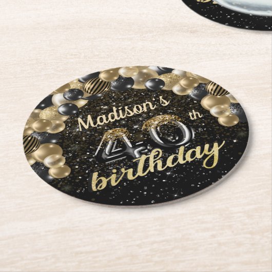 Gepersonaliseerd 40e verjaardag zwart goud ronde kartonnen onderzetter (Gebogen)