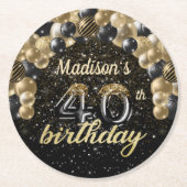 Gepersonaliseerd 40e verjaardag zwart goud ronde kartonnen onderzetter (Voorkant)
