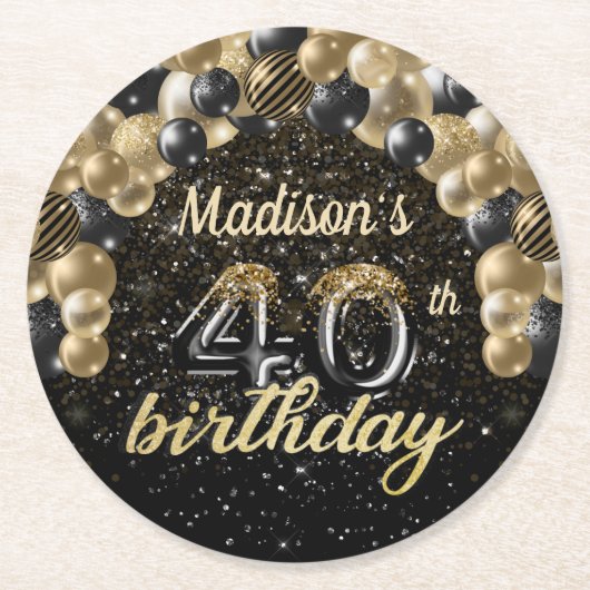 Gepersonaliseerd 40e verjaardag zwart goud ronde kartonnen onderzetter (Voorkant)