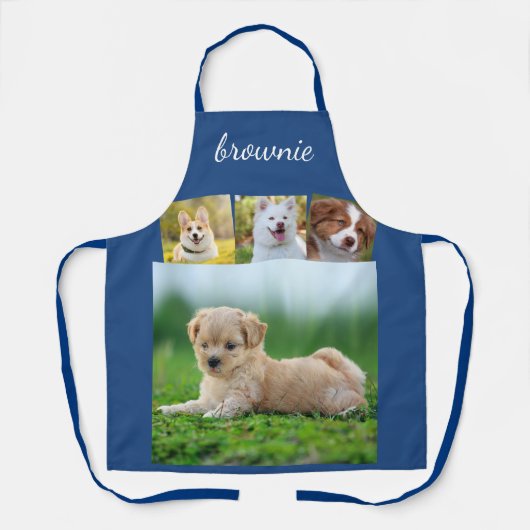 Gepersonaliseerd 4-foto wit blauw collage script schort (Voorkant)