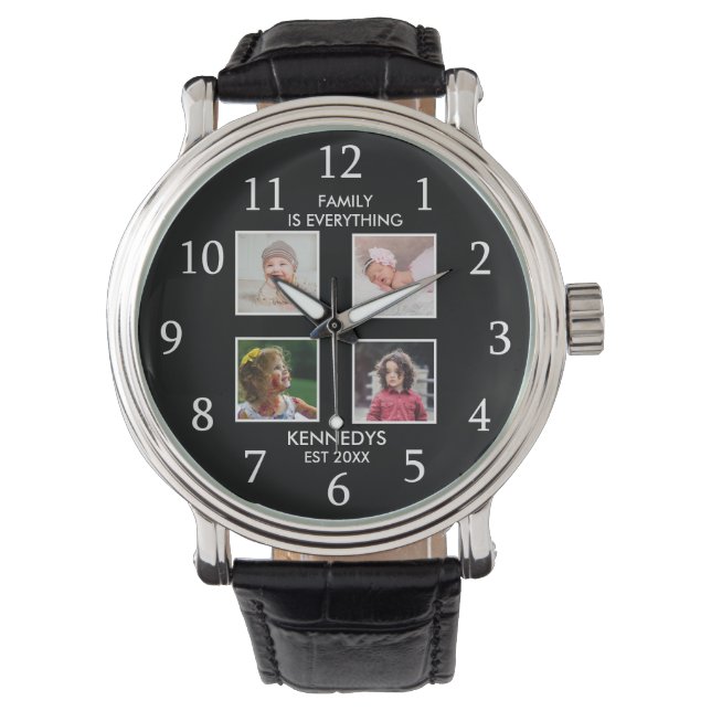 Gepersonaliseerd 4 Fotocollage Familienaam Zwart Horloge (Voorkant)