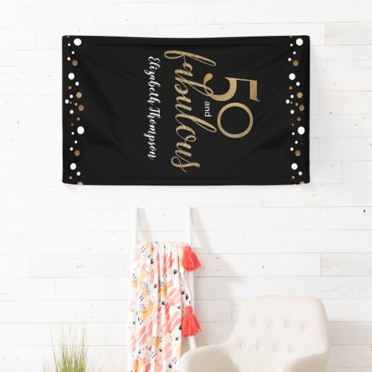 Gepersonaliseerd 50 en Fabulous Black Gold confett Spandoek (Insitu)