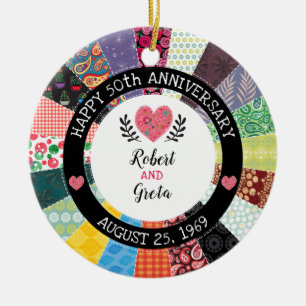 Gepersonaliseerd 50e Jubileum, patchwork Quilt Keramisch Ornament