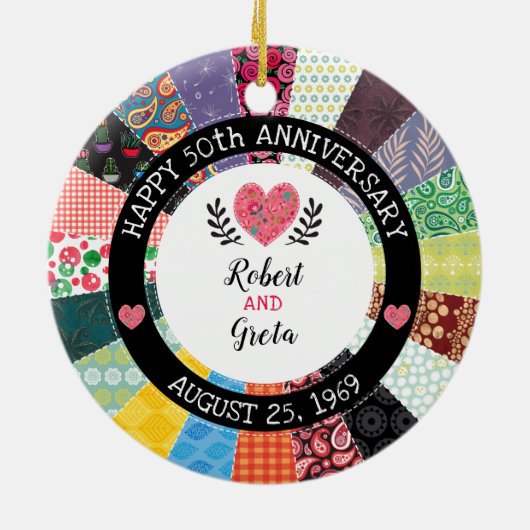 Gepersonaliseerd 50e Jubileum, patchwork Quilt Keramisch Ornament (Achterkant)