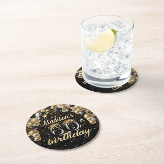 Gepersonaliseerd 60e verjaardag zwart goud ronde kartonnen onderzetter (Insitu)