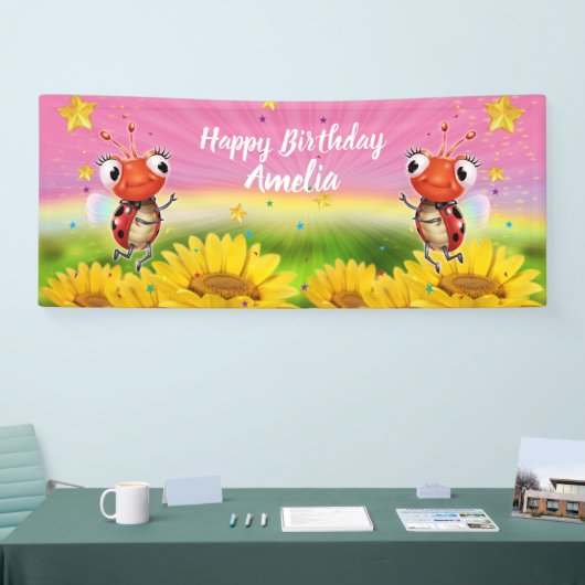 Gepersonaliseerd 6' x 2,5' Ladybug Birthday vinyl  Spandoek (Beurs)