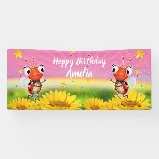 Gepersonaliseerd 6' x 2,5' Ladybug Birthday vinyl Spandoek (Horizontaal)