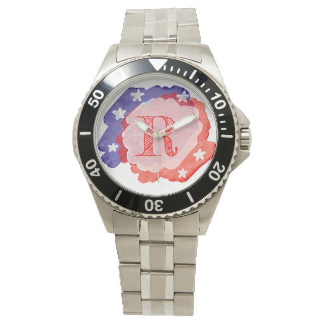 Gepersonaliseerd Aangepast Initiaal USA Patriottis Horloge (Voorkant)