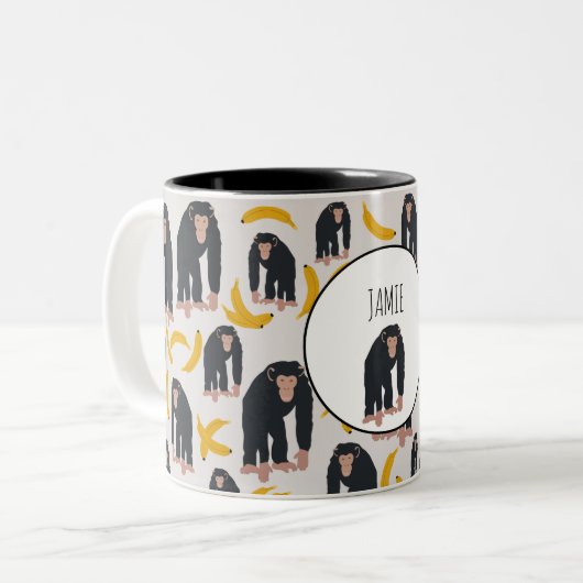 Gepersonaliseerd aapspatroon (Chimpansee & Banana Tweekleurige Koffiemok (Voorkant links)