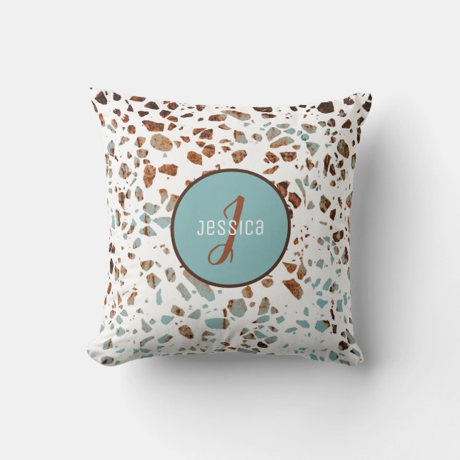 Gepersonaliseerd Abstract Terrazzo Brown & Blue Pa Kussen (Voorkant)
